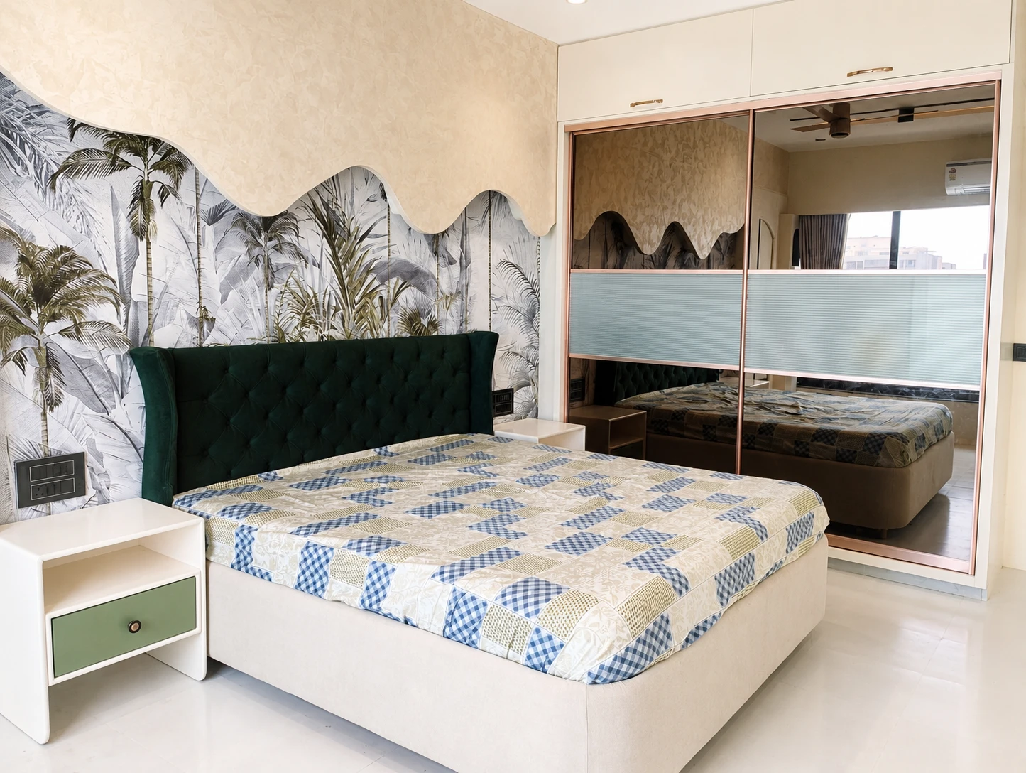 Modern bedroom with tropical decor.